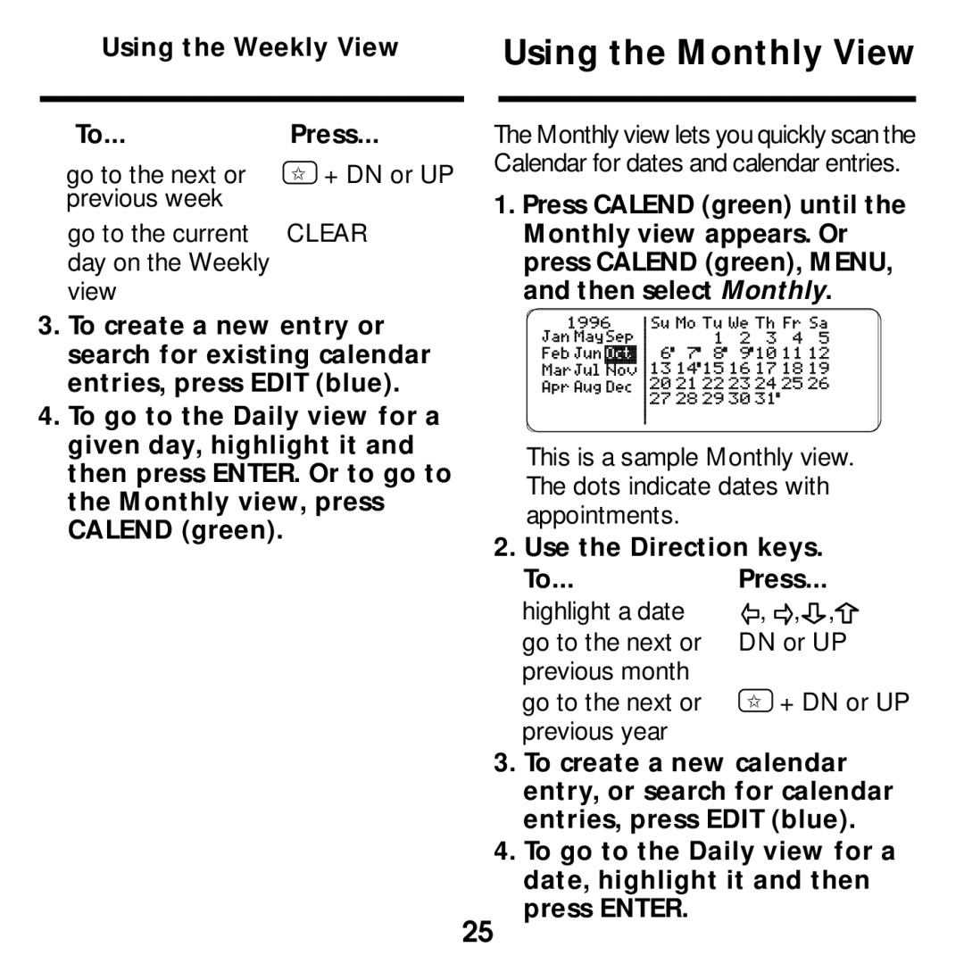 Franklin SDK-765, SDK-763 manual Using the Monthly View, Using the Weekly View Press, Use the Direction keys Press 