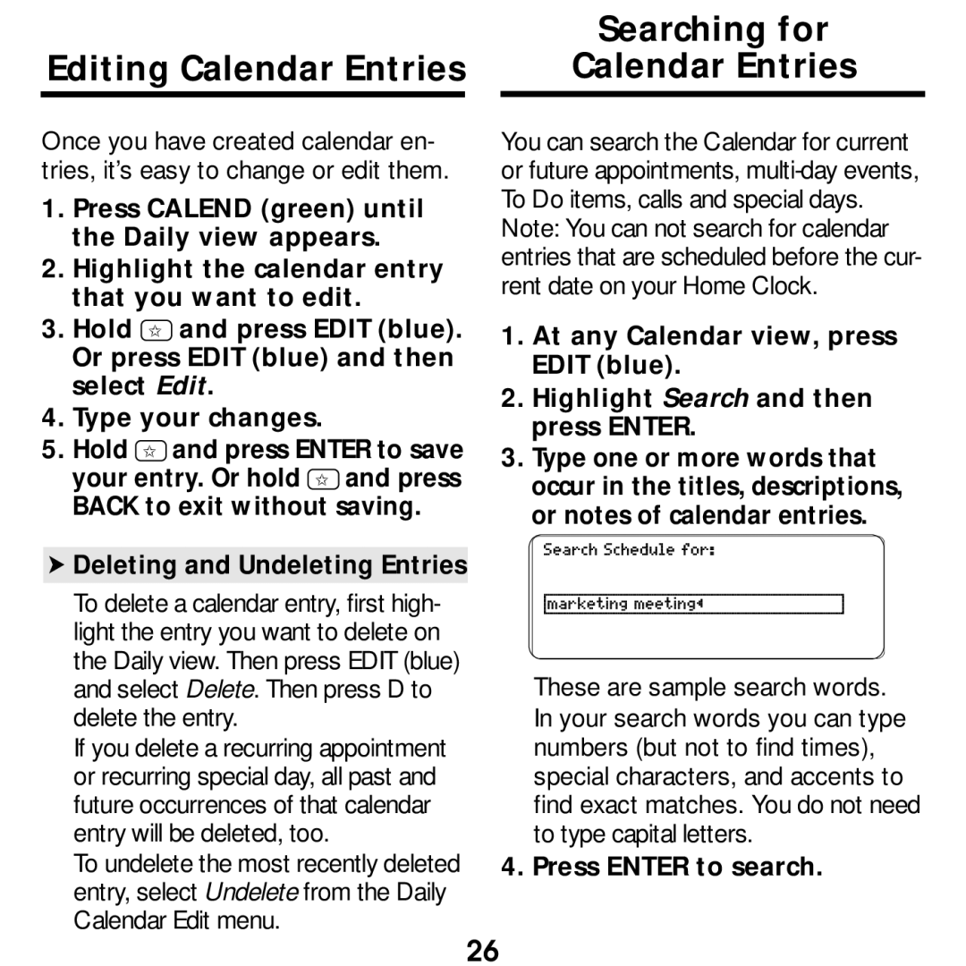 Franklin SDK-763, SDK-765 manual Searching for, Editing Calendar Entries, Press Enter to search 