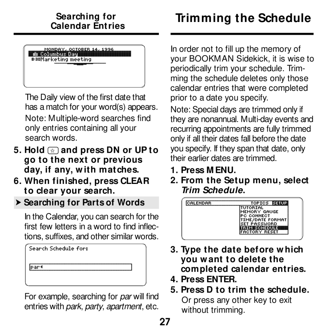 Franklin SDK-765, SDK-763 manual Trimming the Schedule, Searching for Calendar Entries 