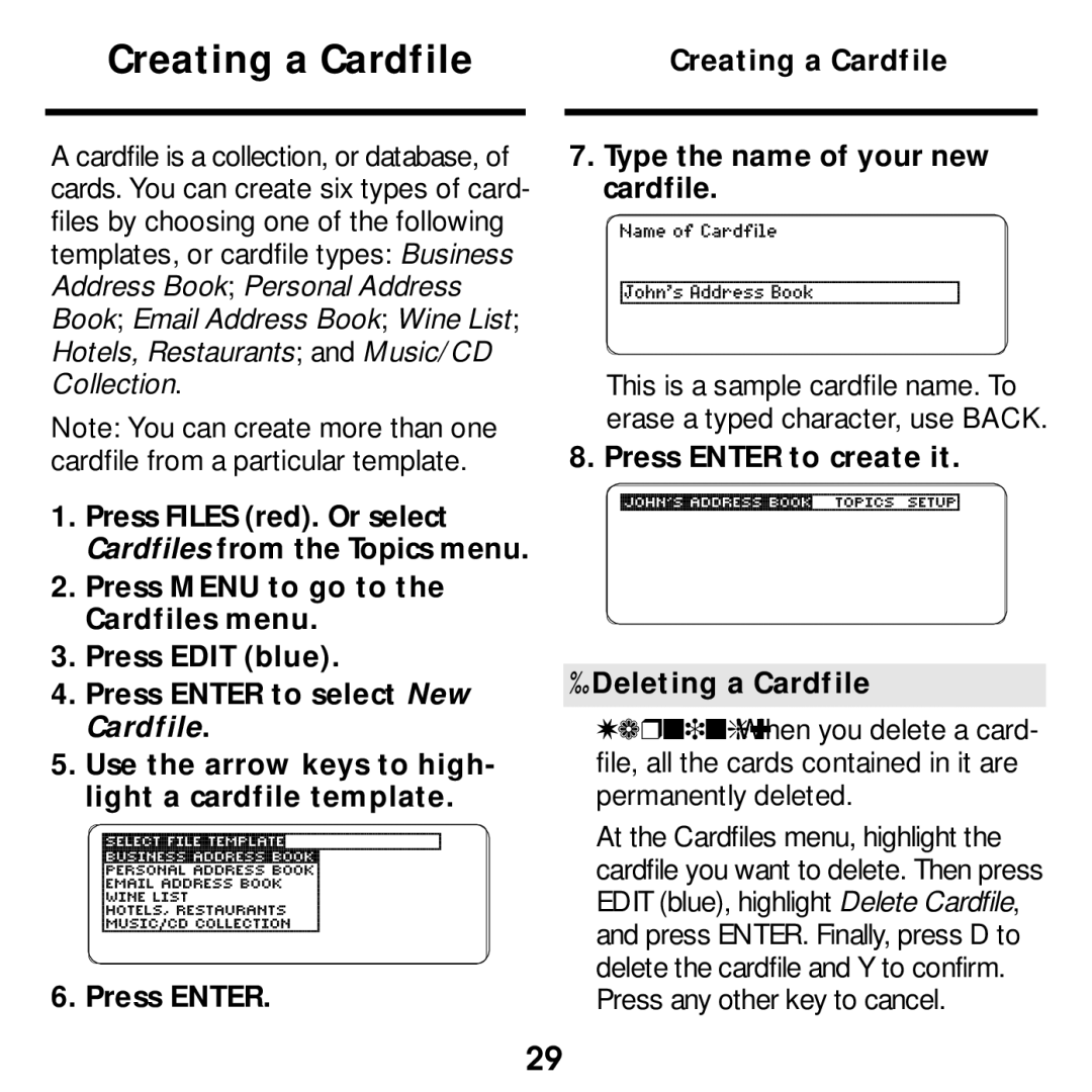 Franklin SDK-765, SDK-763 manual Creating a Cardfile, Press Enter to create it Deleting a Cardfile 