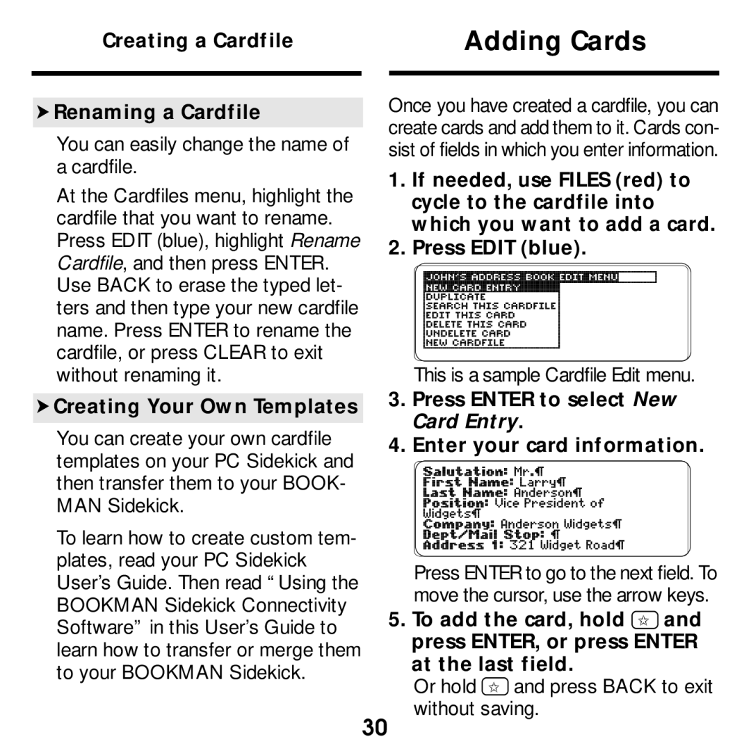 Franklin SDK-763, SDK-765 manual Adding Cards, Creating a Cardfile Renaming a Cardfile, Creating Your Own Templates 