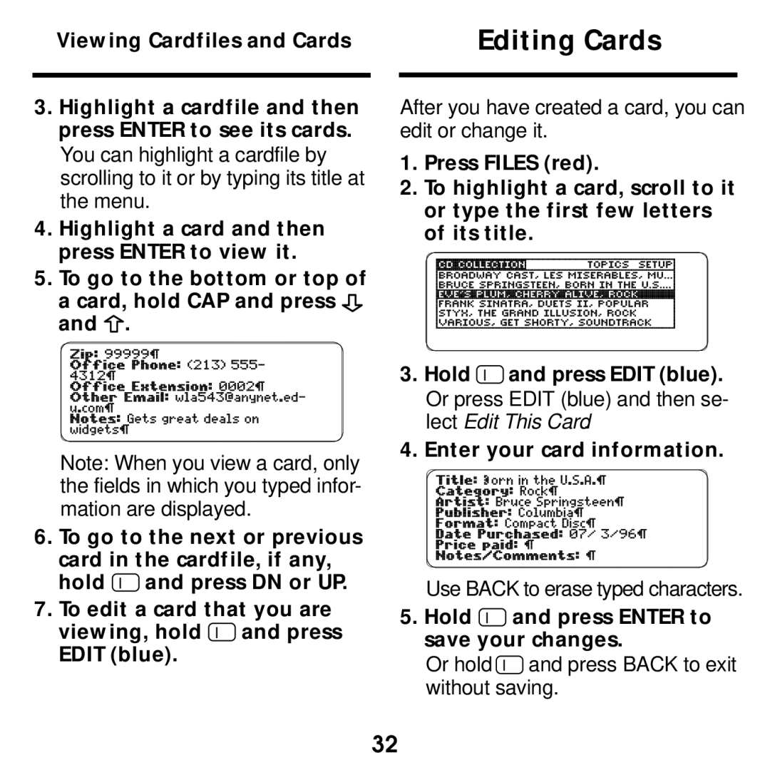 Franklin SDK-763, SDK-765 manual Editing Cards, Hold and press Enter to save your changes 