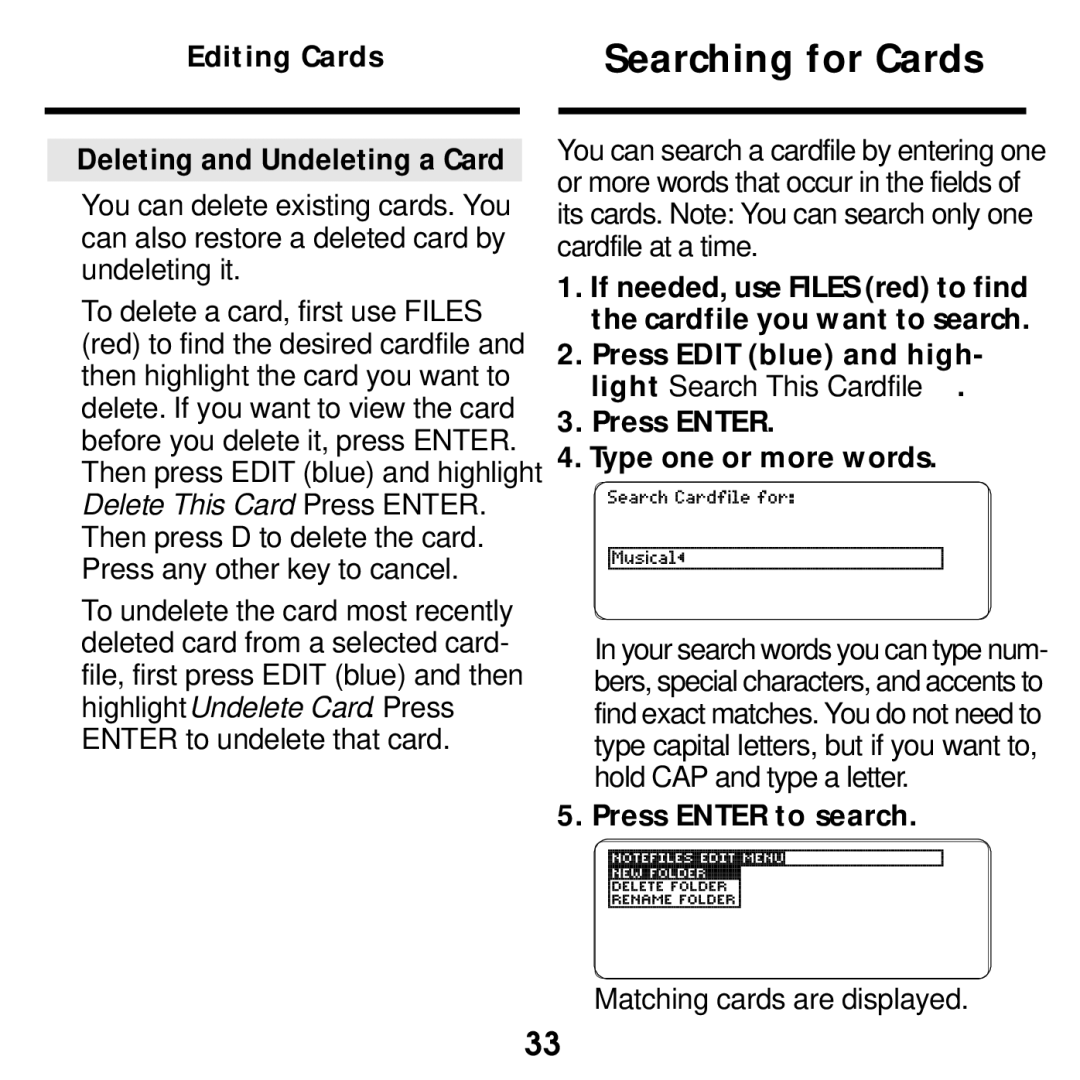 Franklin SDK-765, SDK-763 manual Searching for Cards, Editing Cards Deleting and Undeleting a Card 