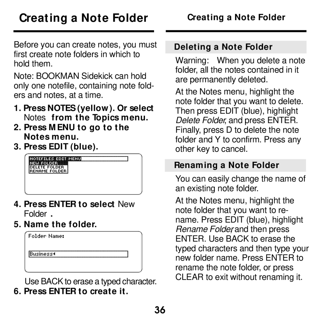 Franklin SDK-763, SDK-765 manual Creating a Note Folder, Renaming a Note Folder 