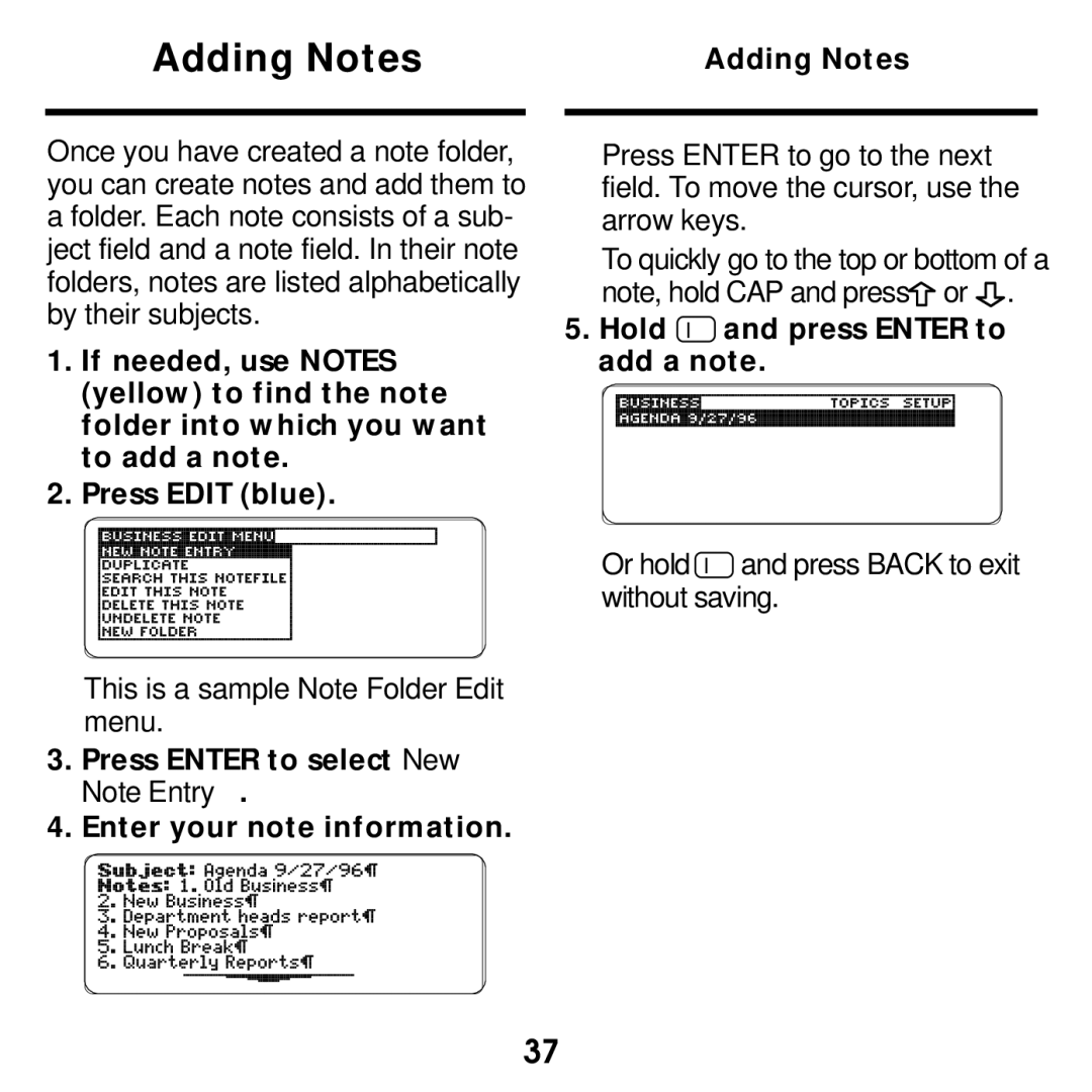 Franklin SDK-765, SDK-763 manual Adding Notes, Hold and press Enter to add a note 