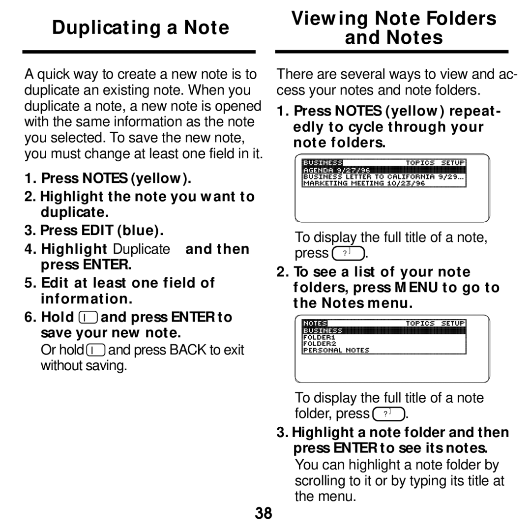 Franklin SDK-763, SDK-765 manual Duplicating a Note Viewing Note Folders 