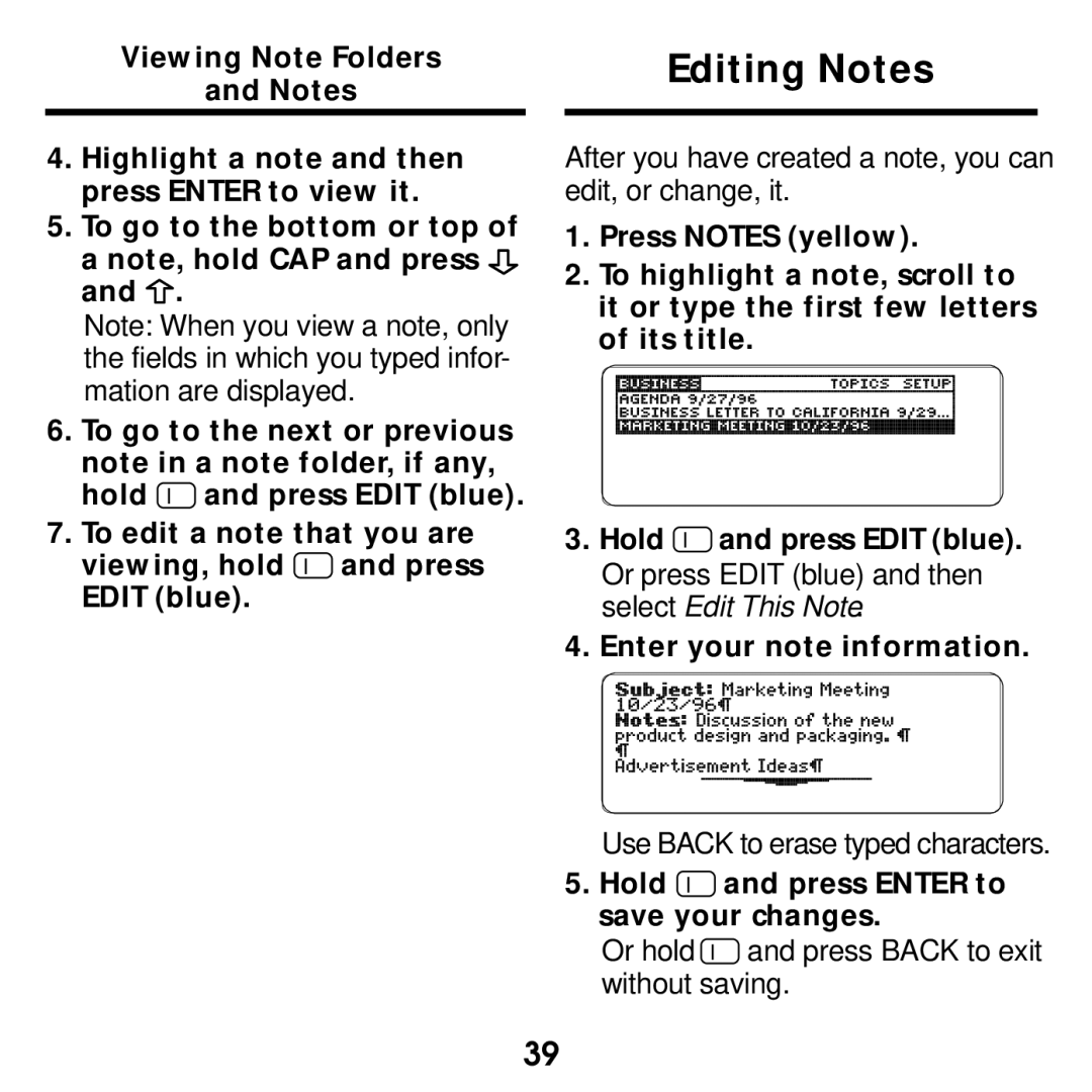 Franklin SDK-765, SDK-763 manual Editing Notes, Hold and press Enter to save your changes 