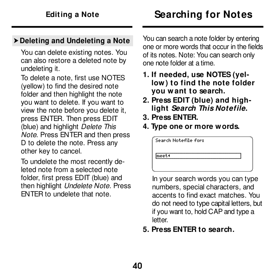 Franklin SDK-763, SDK-765 manual Searching for Notes, Editing a Note Deleting and Undeleting a Note 