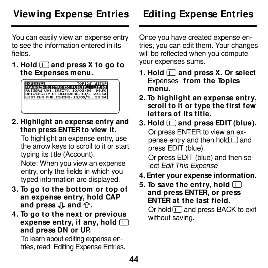 Franklin SDK-763, SDK-765 manual Viewing Expense Entries Editing Expense Entries 