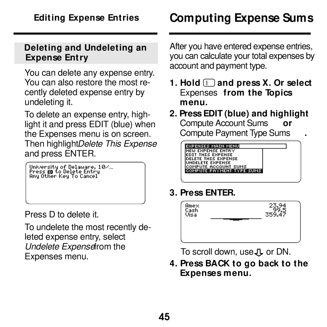 Franklin SDK-765, SDK-763 manual Computing Expense Sums, Press Back to go back to the Expenses menu 