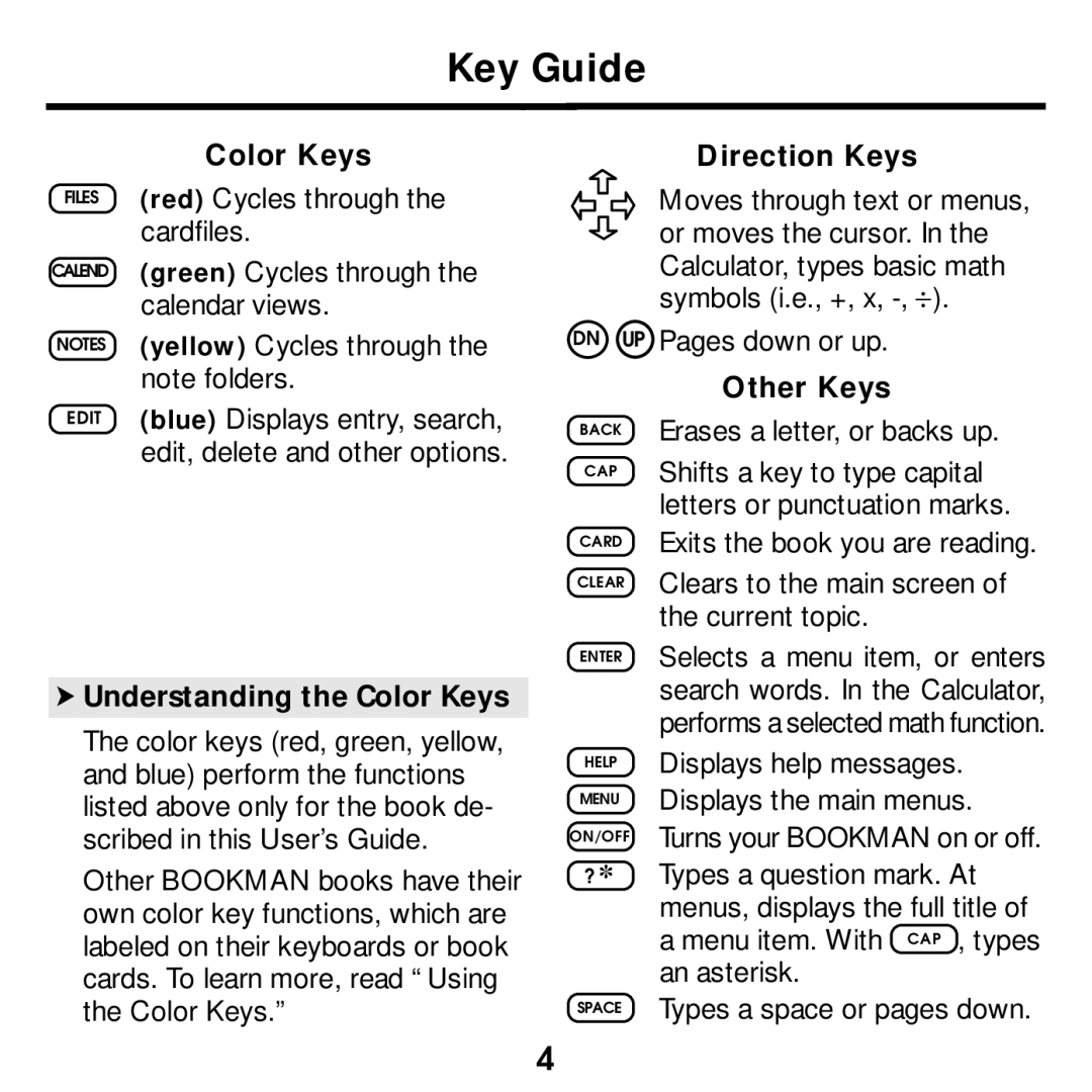 Franklin SDK-763, SDK-765 manual Key Guide, Understanding the Color Keys, Direction Keys, Other Keys 