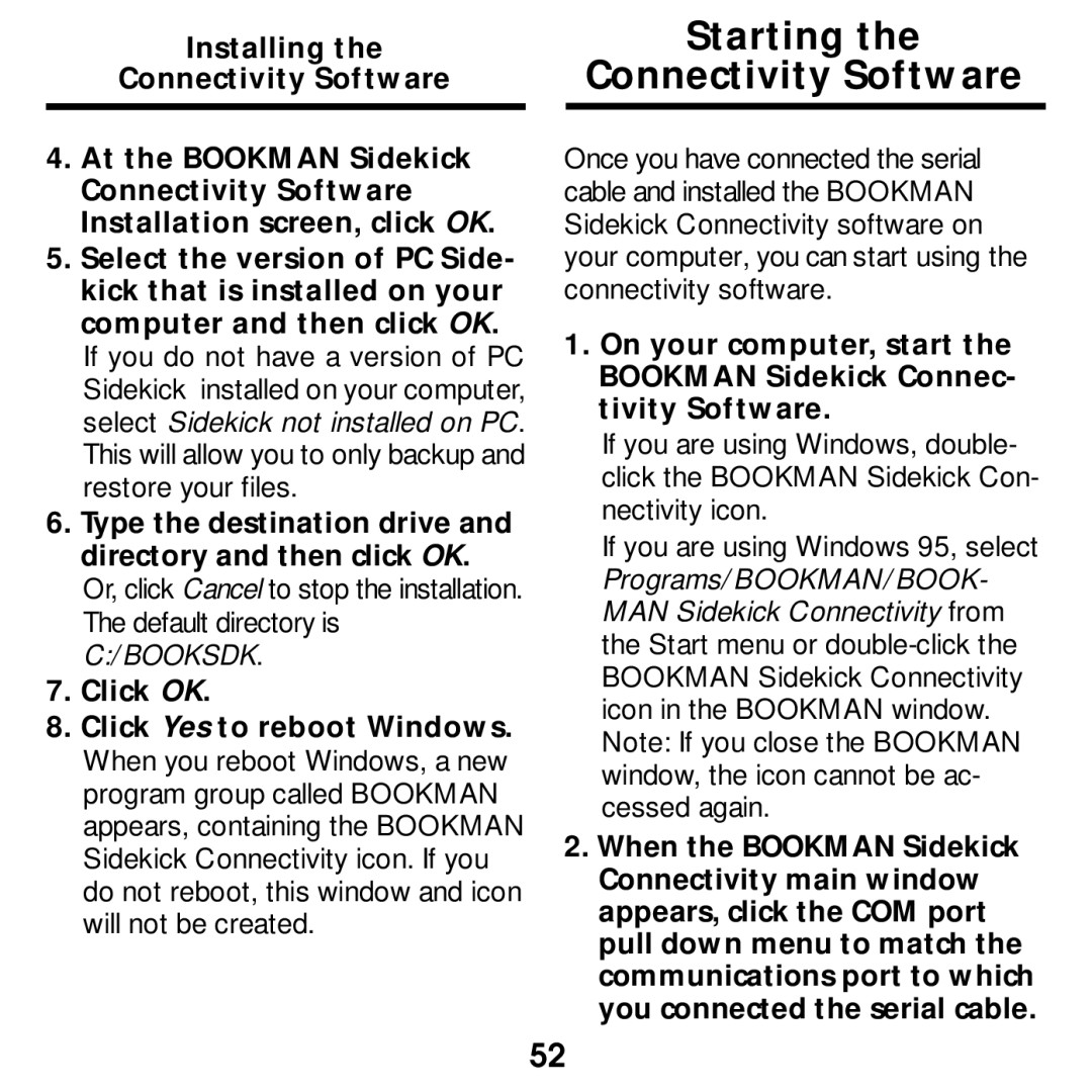 Franklin SDK-763 Starting Connectivity Software, Type the destination drive and directory and then click OK, Click OK 