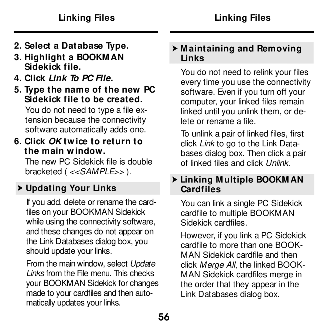 Franklin SDK-763 Updating Your Links, Linking Files Maintaining and Removing Links, Linking Multiple Bookman Cardfiles 