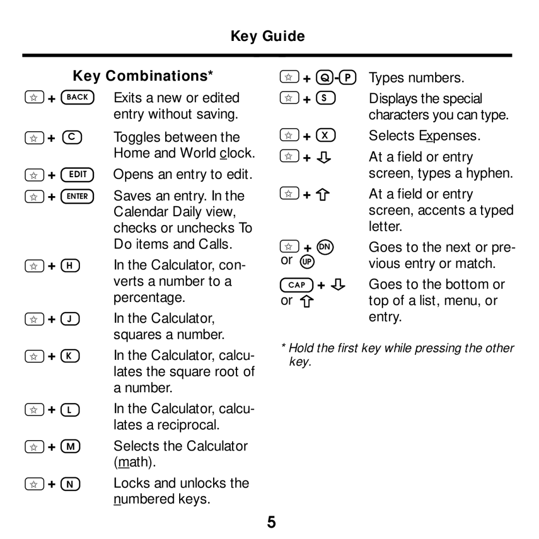 Franklin SDK-765, SDK-763 Key Guide Key Combinations, Exits a new or edited, Entry without saving, Toggles between, + Dn 