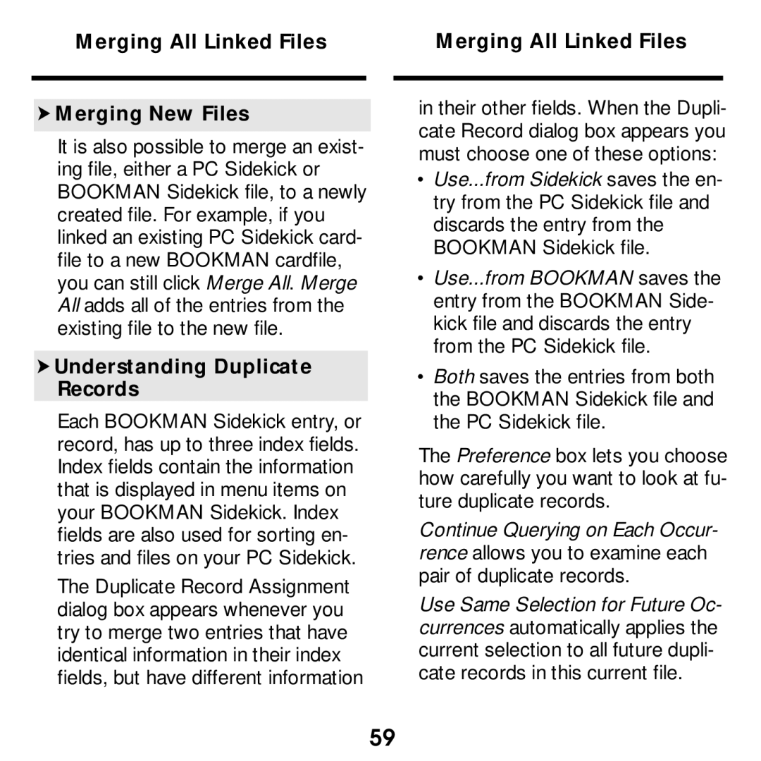 Franklin SDK-765, SDK-763 manual Merging All Linked Files Merging New Files, Understanding Duplicate Records 