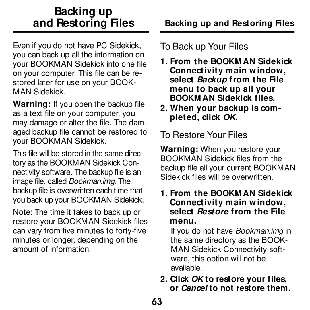 Franklin SDK-765, SDK-763 manual Backing up Restoring Files, Backing up and Restoring Files 