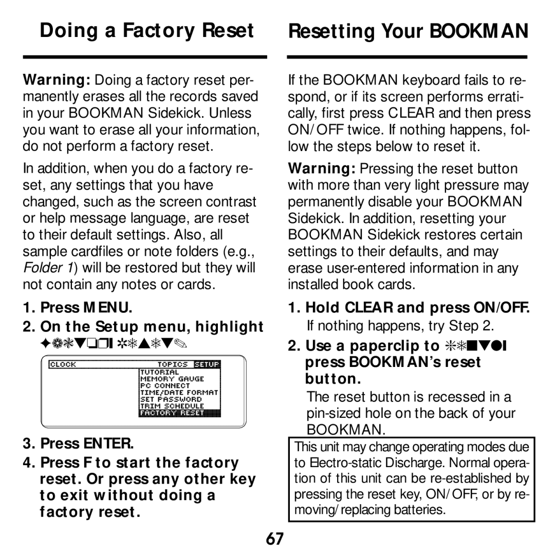 Franklin SDK-765, SDK-763 manual Doing a Factory Reset Resetting Your Bookman 