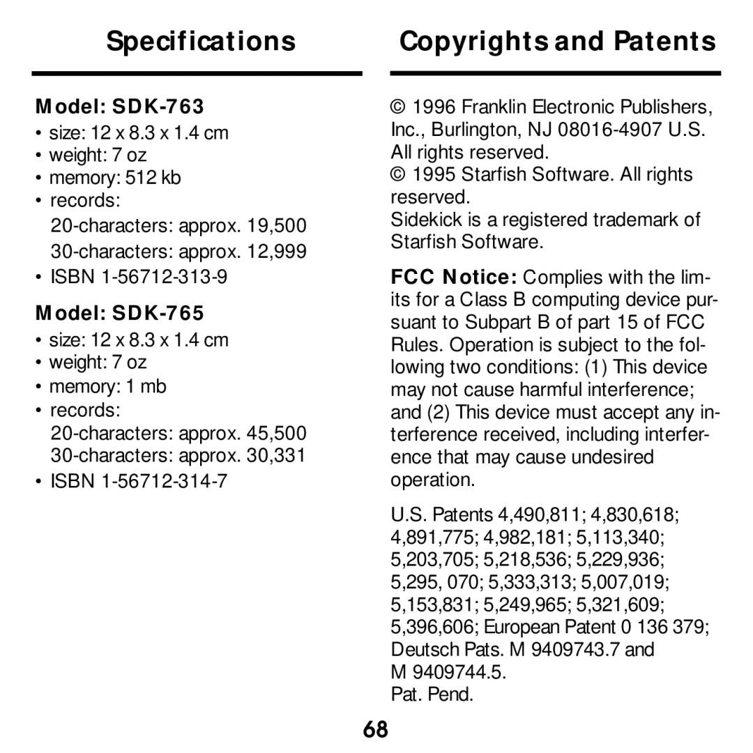 Franklin manual Specifications, Copyrights and Patents, Model SDK-763, Model SDK-765 