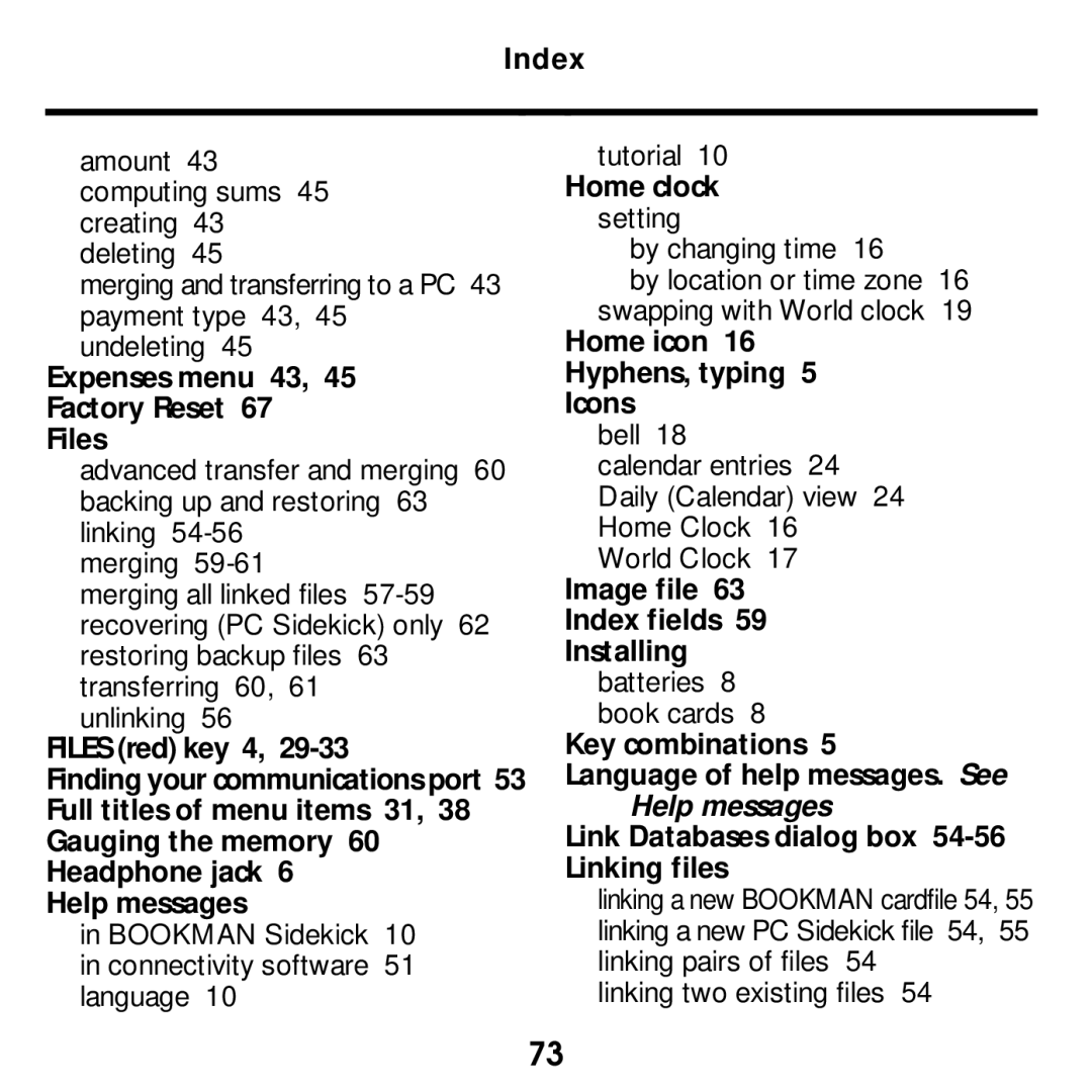 Franklin SDK-765, SDK-763 manual Expenses menu 43 Factory Reset Files, Home clock setting, Home icon Hyphens, typing Icons 
