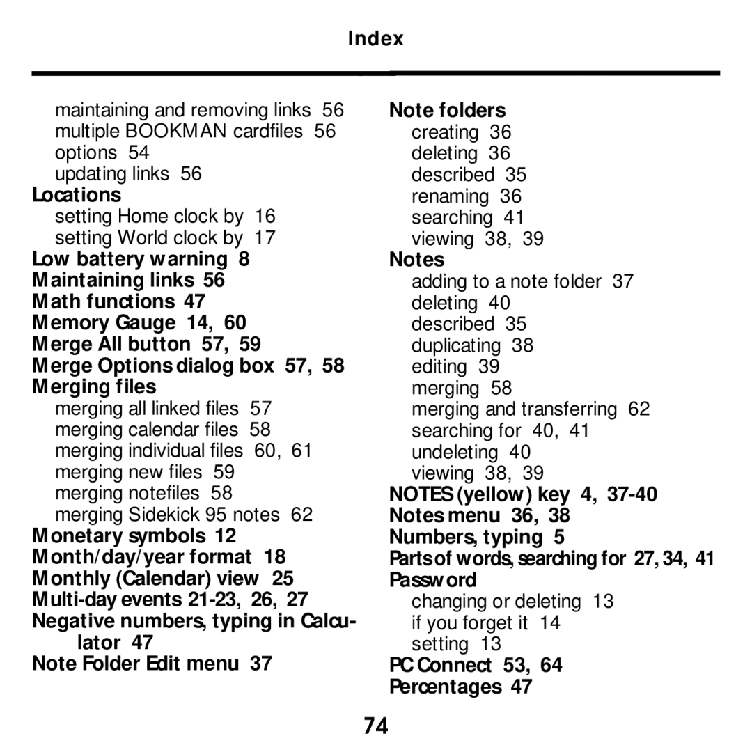 Franklin SDK-763, SDK-765 manual Locations, Parts of words, searching for 27, 34, 41 Password, PC Connect 53 Percentages 