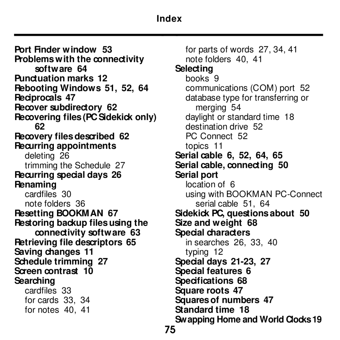 Franklin SDK-765 manual Recovery files described 62 Recurring appointments, Recurring special days 26 Renaming, Selecting 