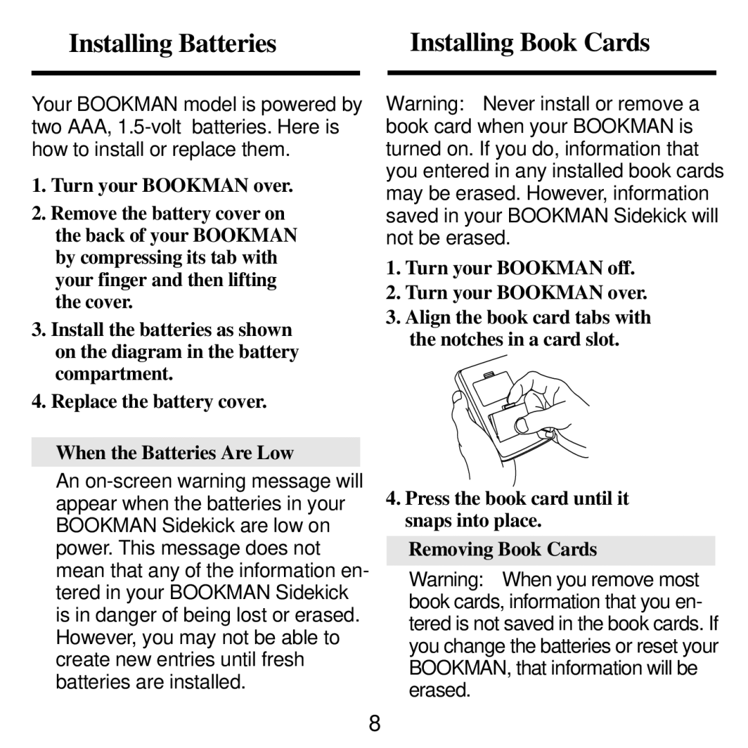 Franklin SDK-763, SDK-765 manual Installing Batteries Installing Book Cards 