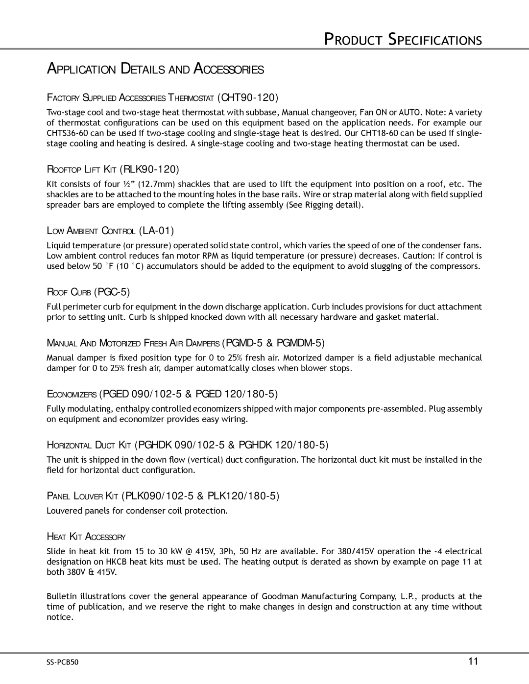 Franklin Self-Contained Package Air Conditioner, SS-PCB50 Application Details and Accessories, Rooftop Lift KIT RLK90-120 