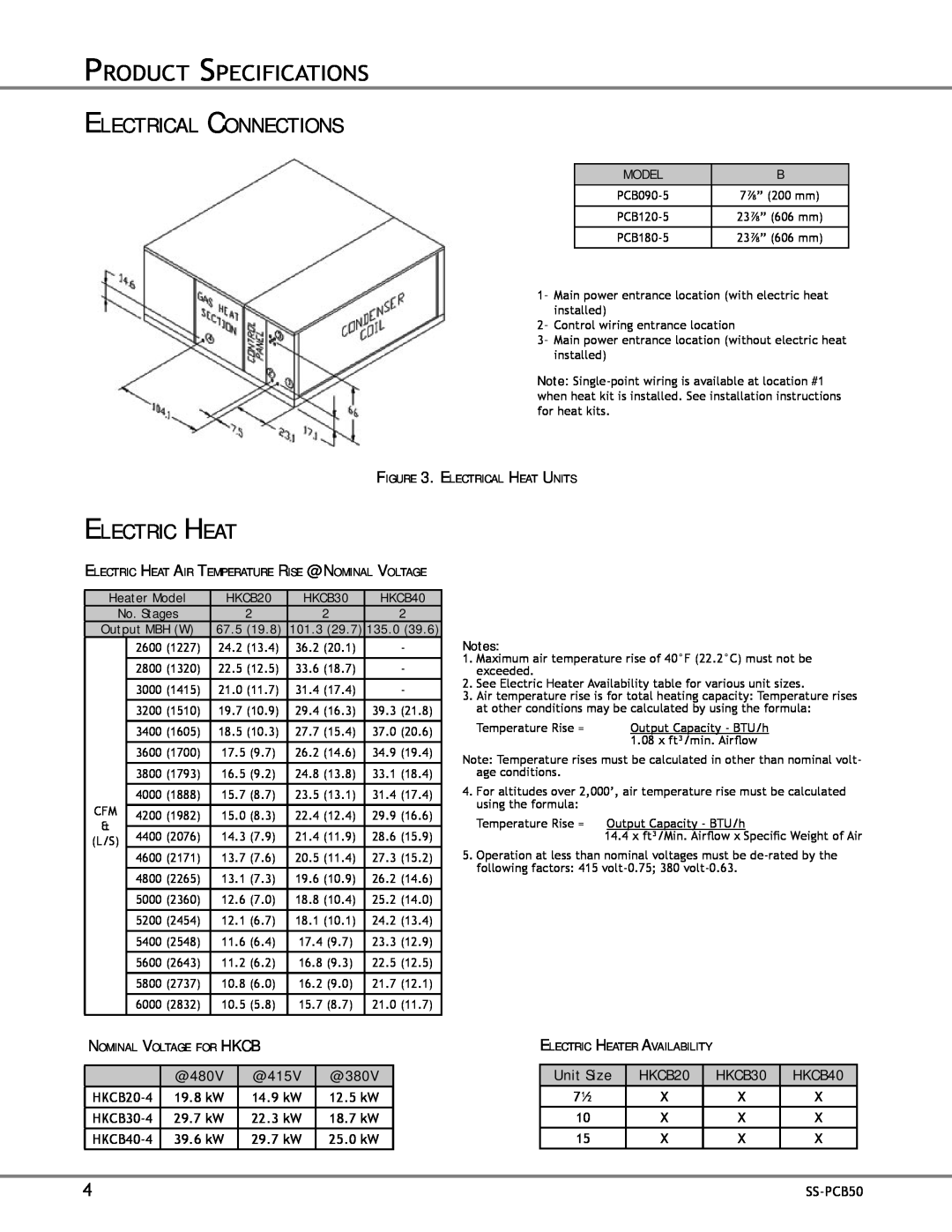 Franklin SS-PCB50 Electrical Connections, Electric Heat, Product Specifications, Unit Size, HKCB20, HKCB30, HKCB40 