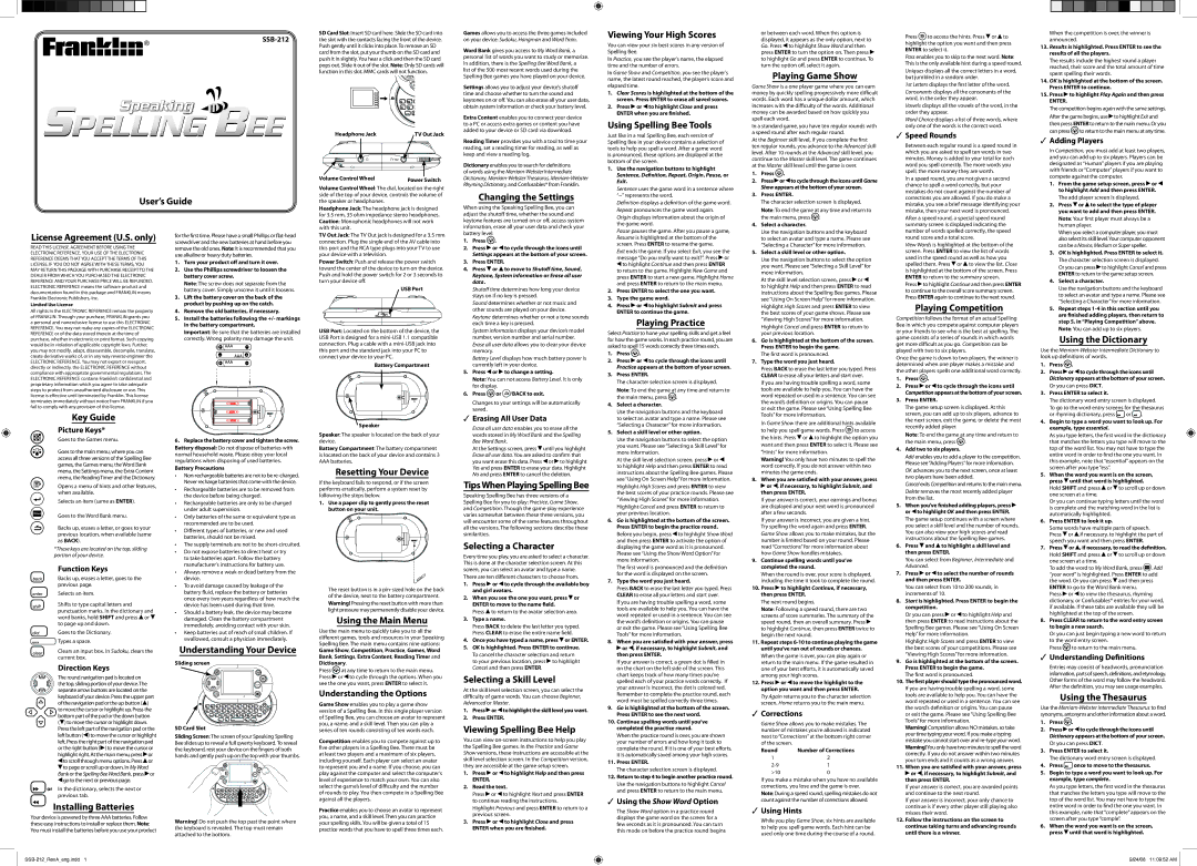 Franklin SSB-212 manual User’s Guide, Changing the Settings, Viewing Your High Scores, Using Spelling Bee Tools, Key Guide 