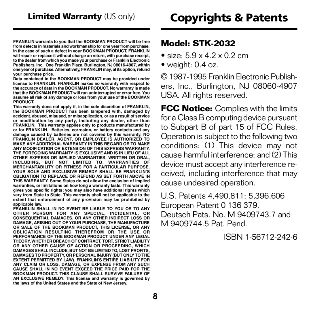 Franklin manual Copyrights & Patents, Limited Warranty US only, Model STK-2032 