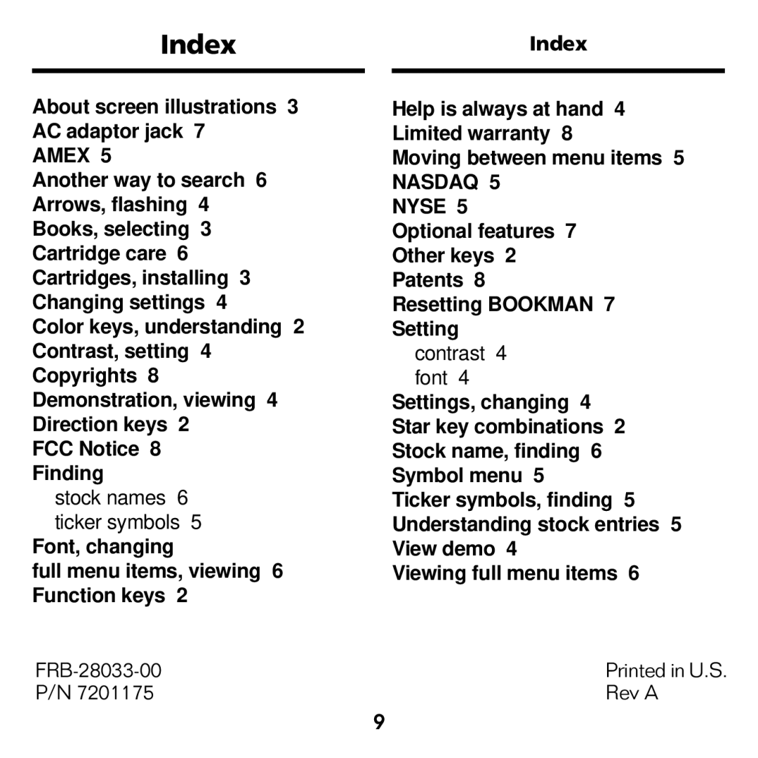 Franklin STK-2032 manual Index, Amex 