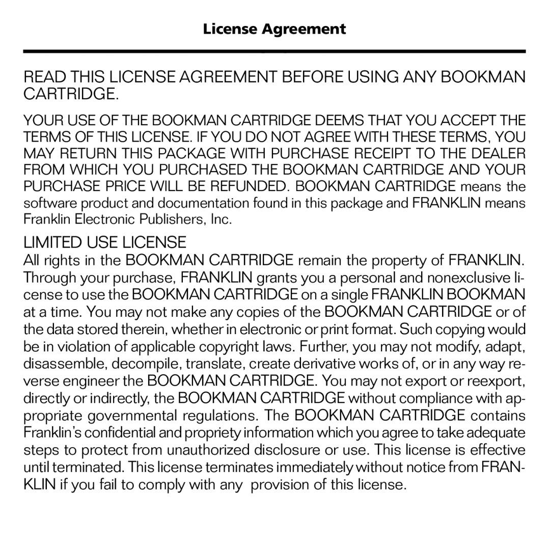 Franklin STK-2032 manual Limited USE License, License Agreement 