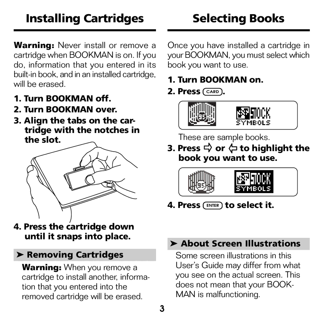 Franklin STK-2032 manual Installing Cartridges Selecting Books, Turn Bookman on Press Card 