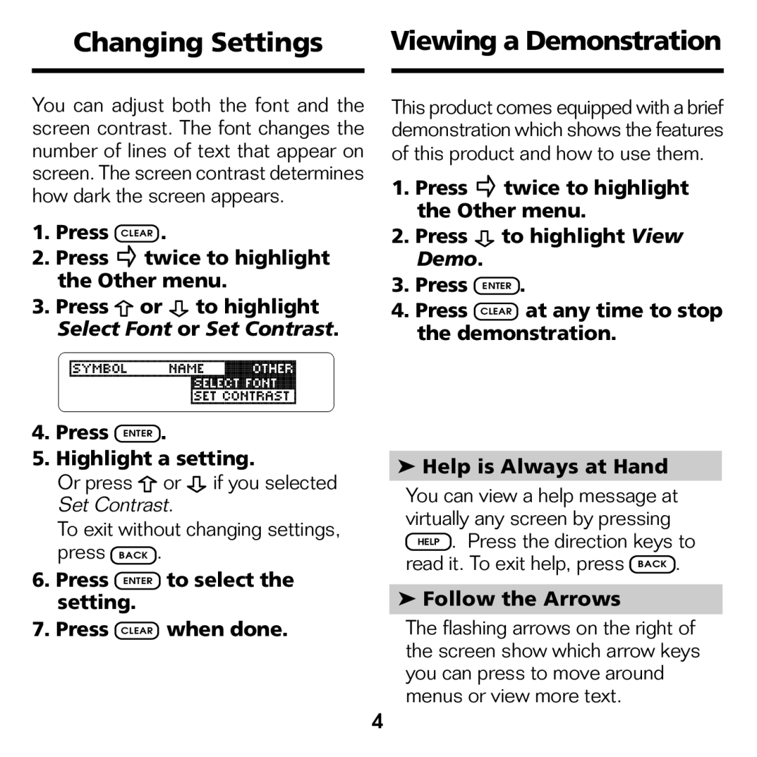 Franklin STK-2032 manual Changing Settings Viewing a Demonstration, Press Enter to select the setting Press Clear when done 