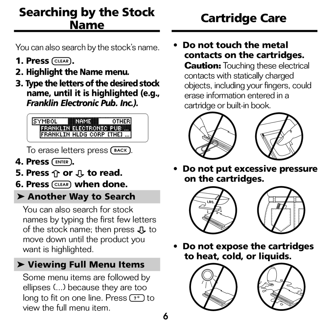 Franklin STK-2032 manual Searching by the Stock Name, Cartridge Care, Press Clear Highlight the Name menu 