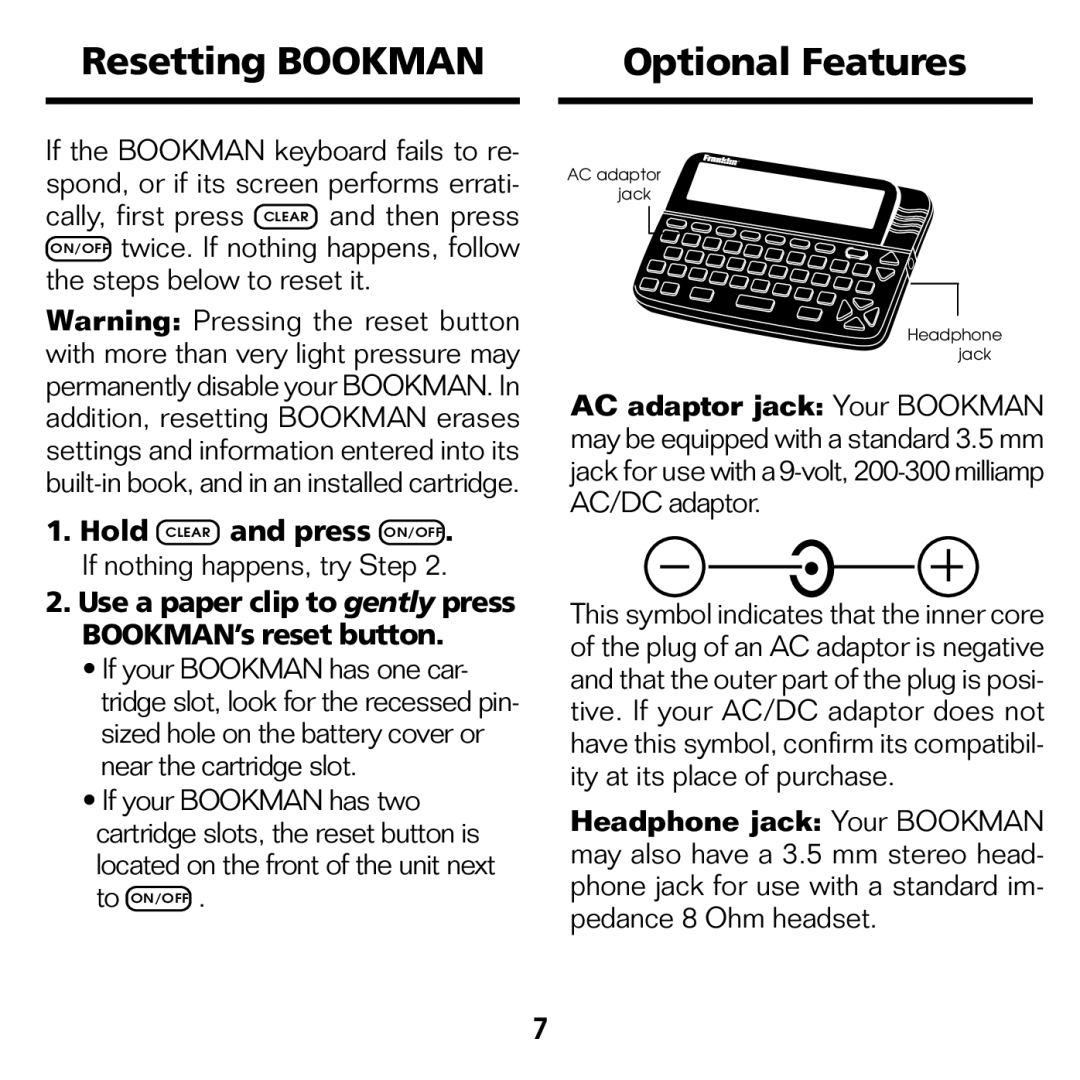 Franklin STK-2032 manual Resetting Bookman Optional Features 