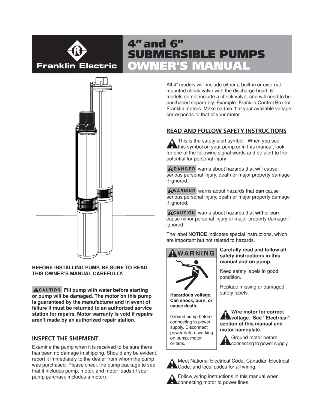 Franklin Submersible Well Pump owner manual Read and Follow Safety Instructions, Inspect the Shipment 