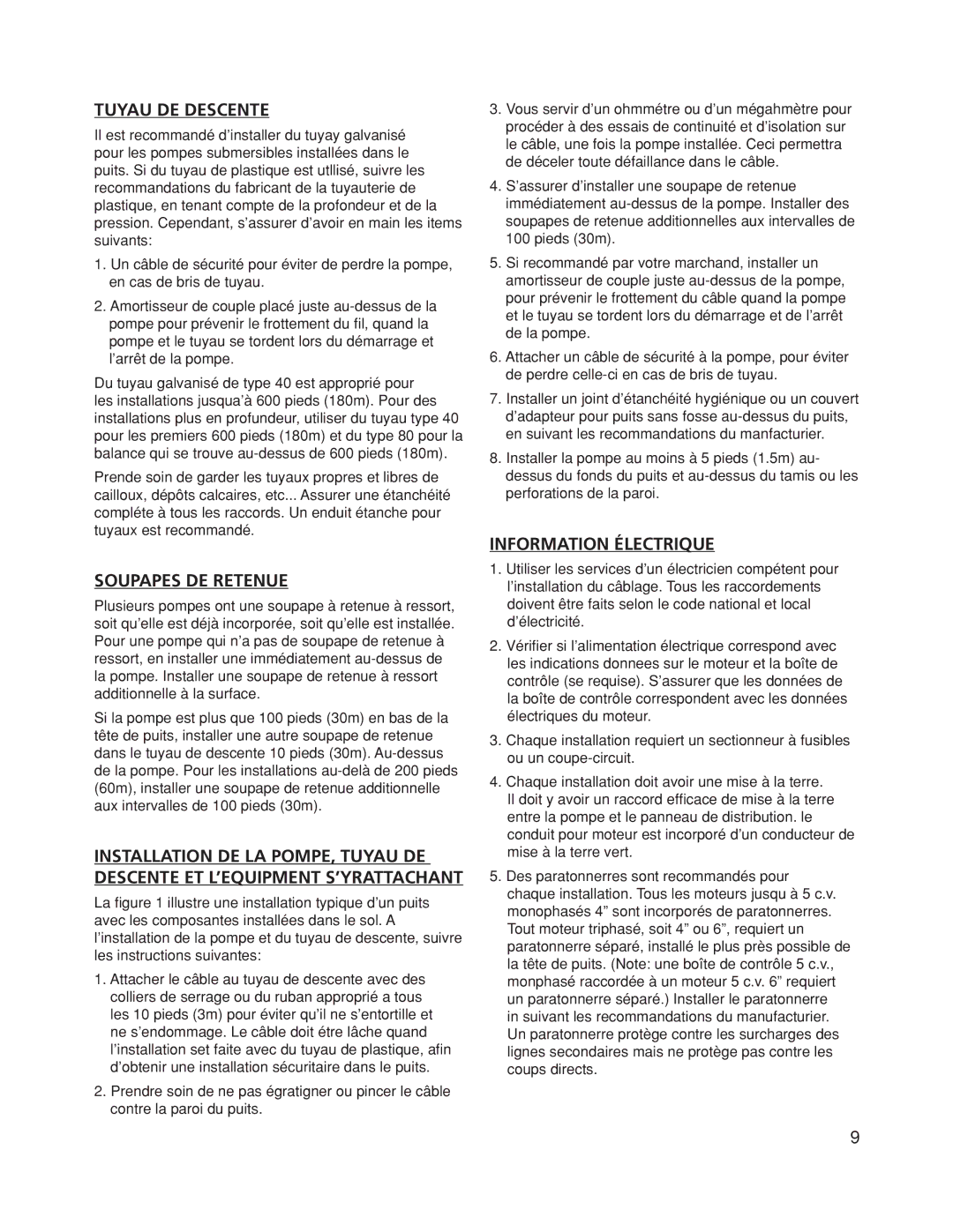 Franklin Submersible Well Pump owner manual Tuyau DE Descente, Soupapes DE Retenue, Information Électrique 