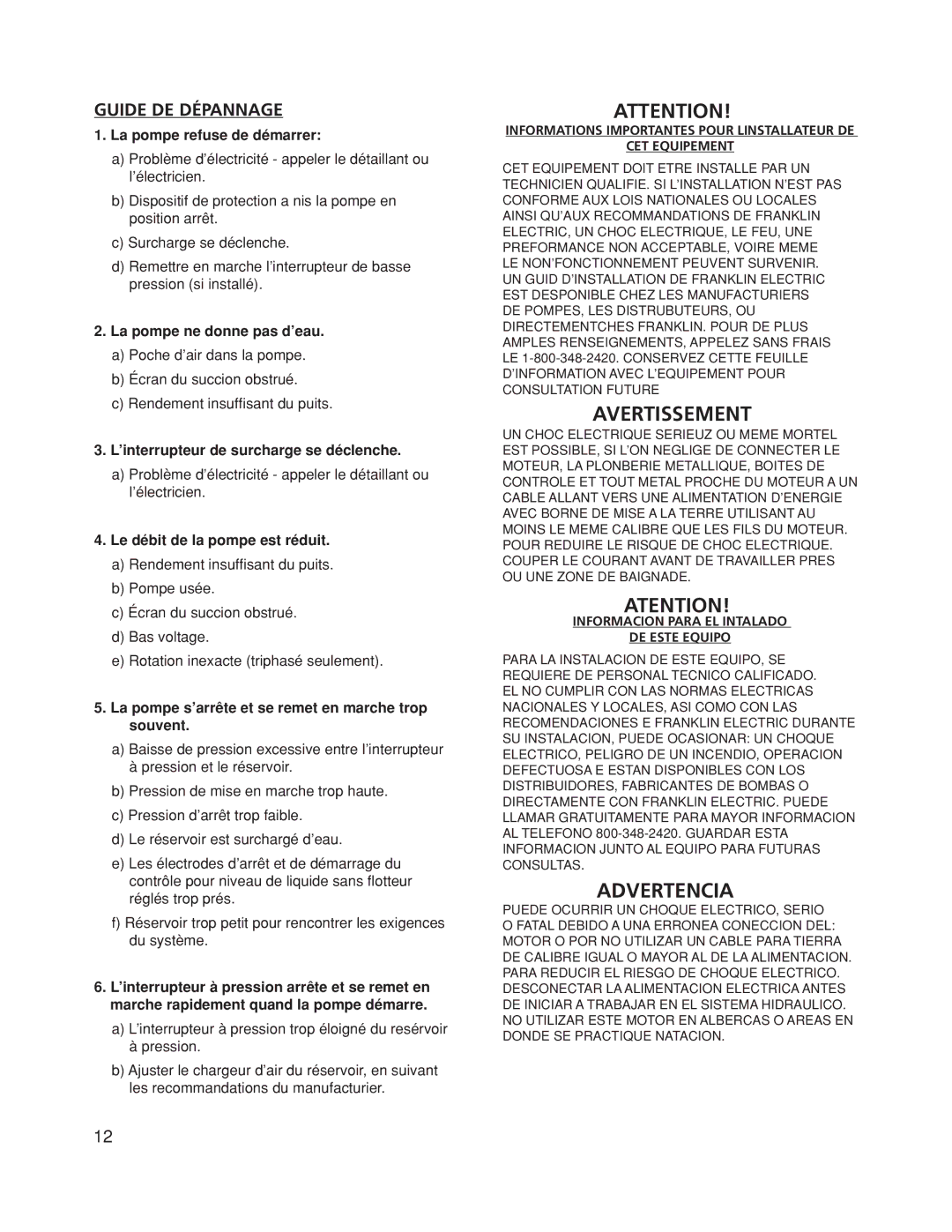 Franklin Submersible Well Pump owner manual Guide DE Dépannage, ’interrupteur à pression trop éloigné du resérvoir Pression 