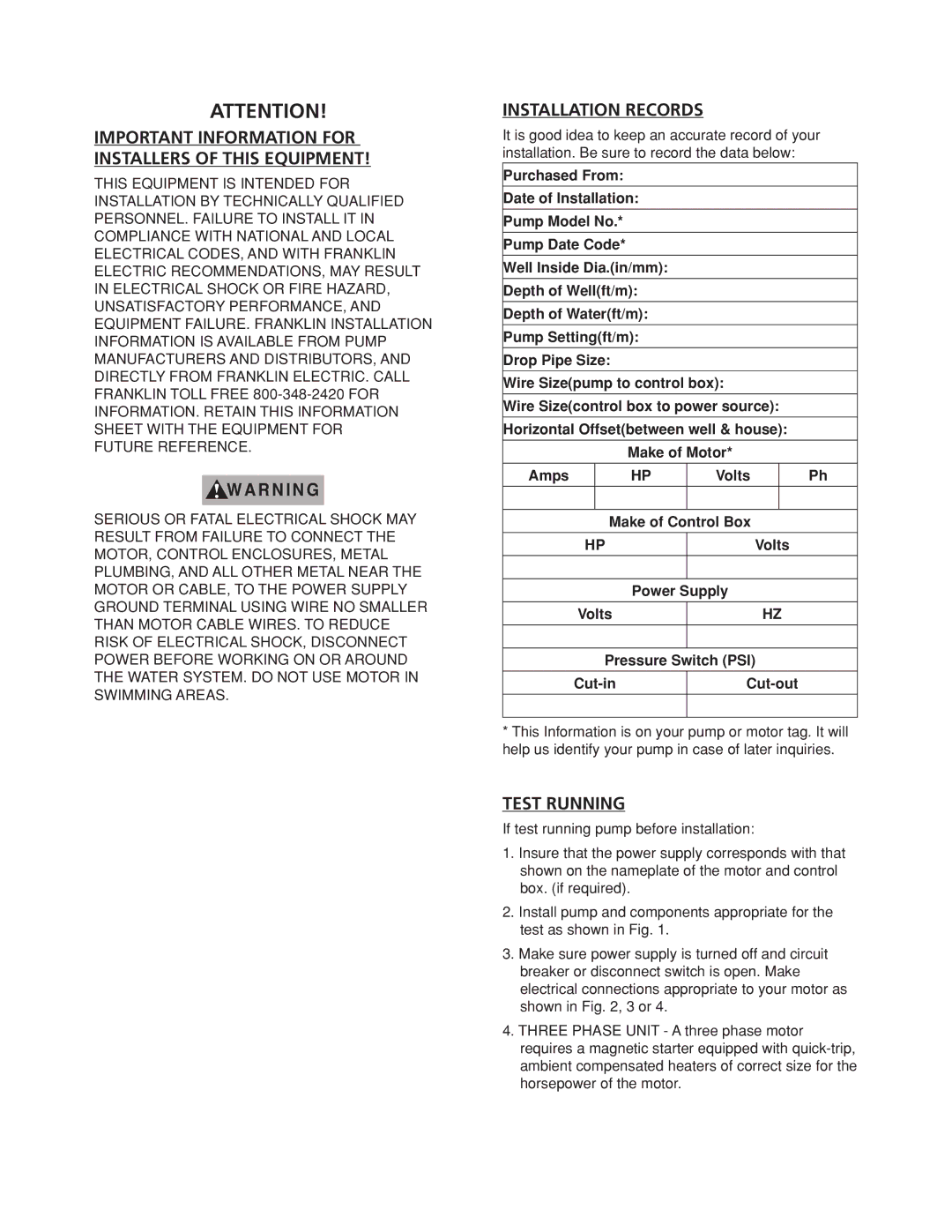 Franklin Submersible Well Pump owner manual Installation Records, Test Running 