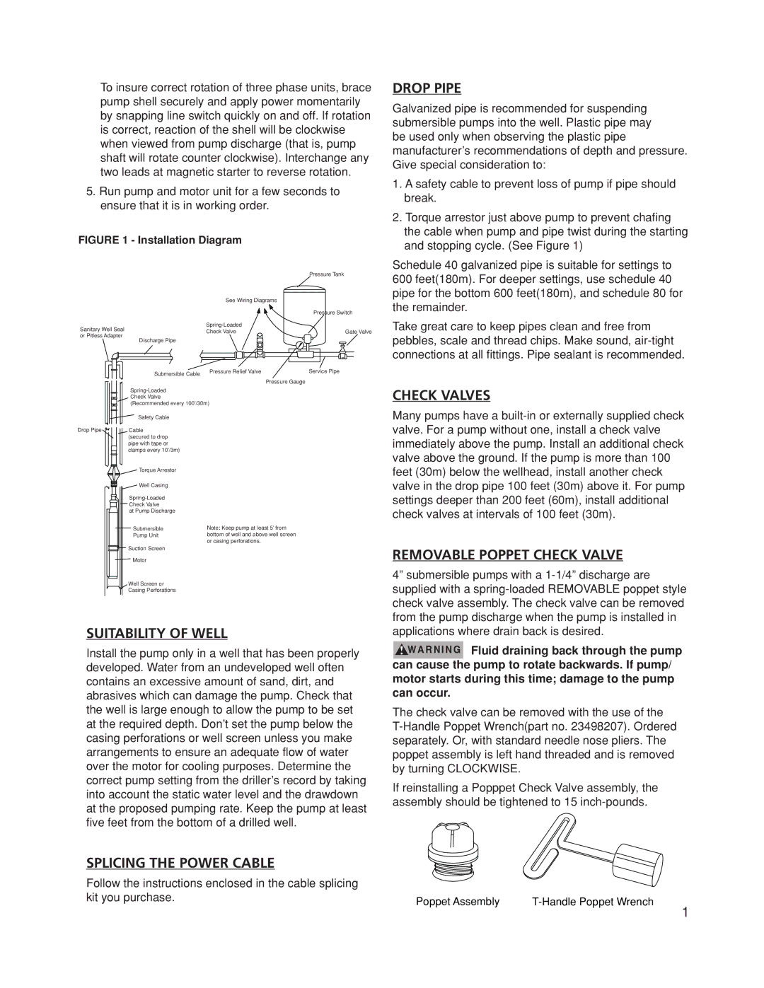 Franklin Submersible Well Pump owner manual Drop Pipe, Check Valves, Removable Poppet Check Valve, Suitability of Well 