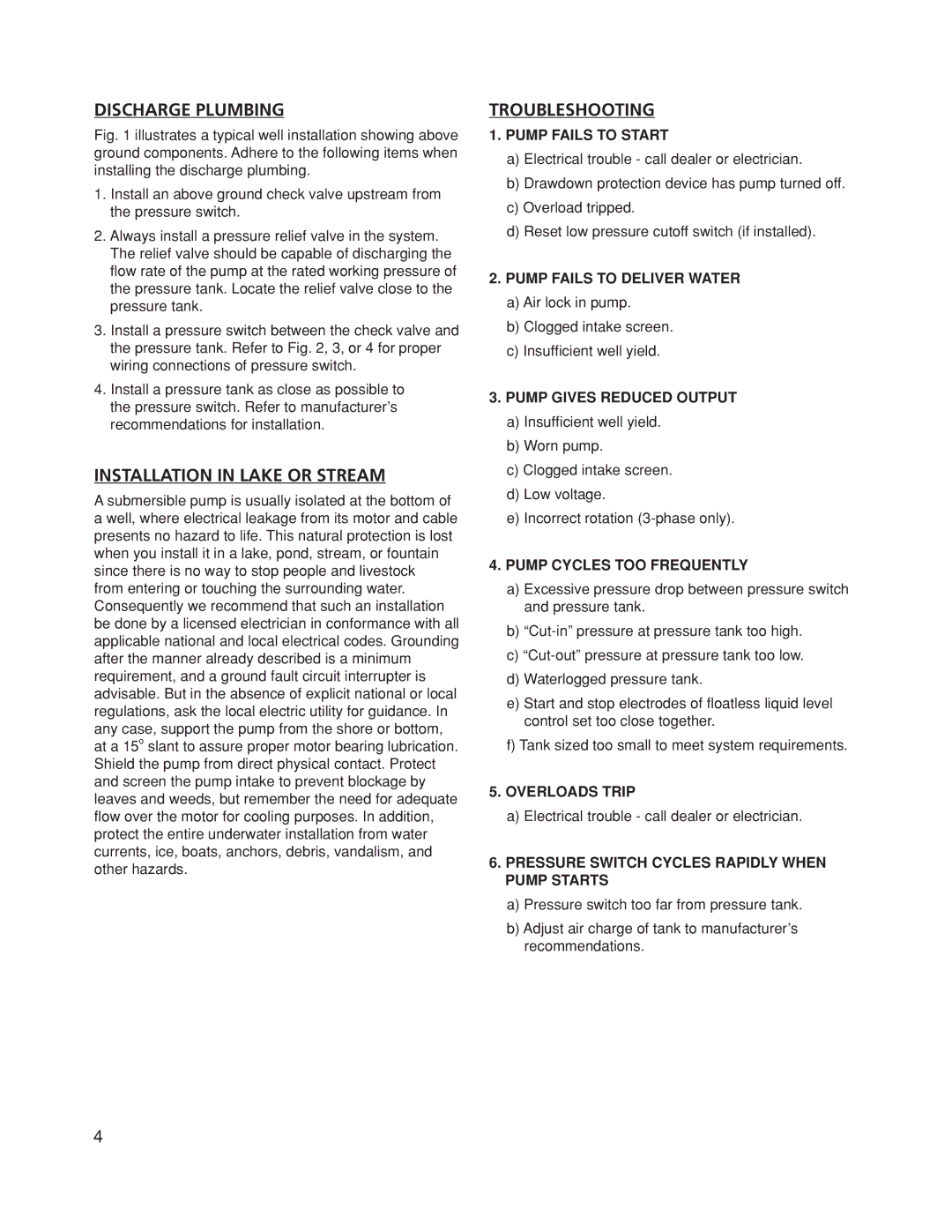 Franklin Submersible Well Pump owner manual Discharge Plumbing, Installation in Lake or Stream, Troubleshooting 