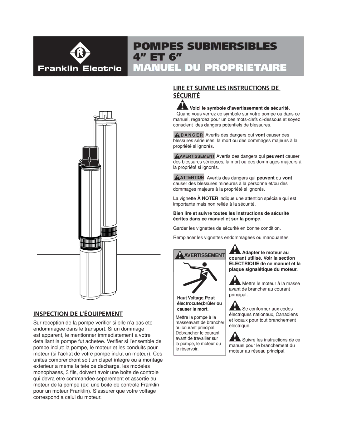 Franklin Submersible Well Pump owner manual Lire ET Suivre LES Instructions DE Sécurité, Inspection DE L’ÉQUIPEMENT 