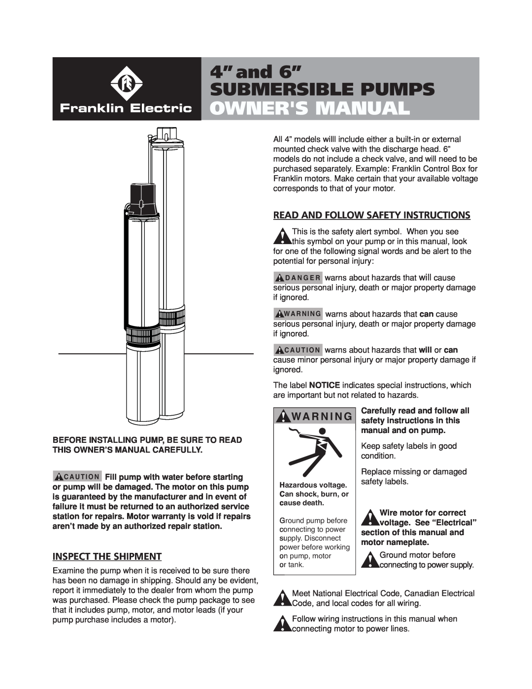 Franklin Submersible Well Pump owner manual Read And Follow Safety Instructions, Inspect The Shipment, Owners Manual 