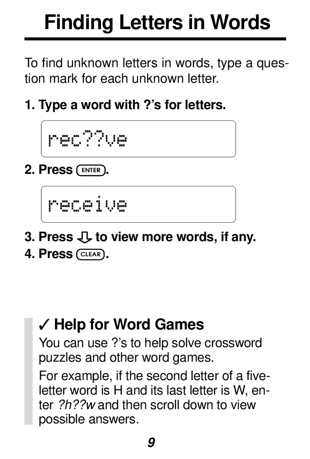 Franklin SYT-106 manual Finding Letters in Words, Help for Word Games 