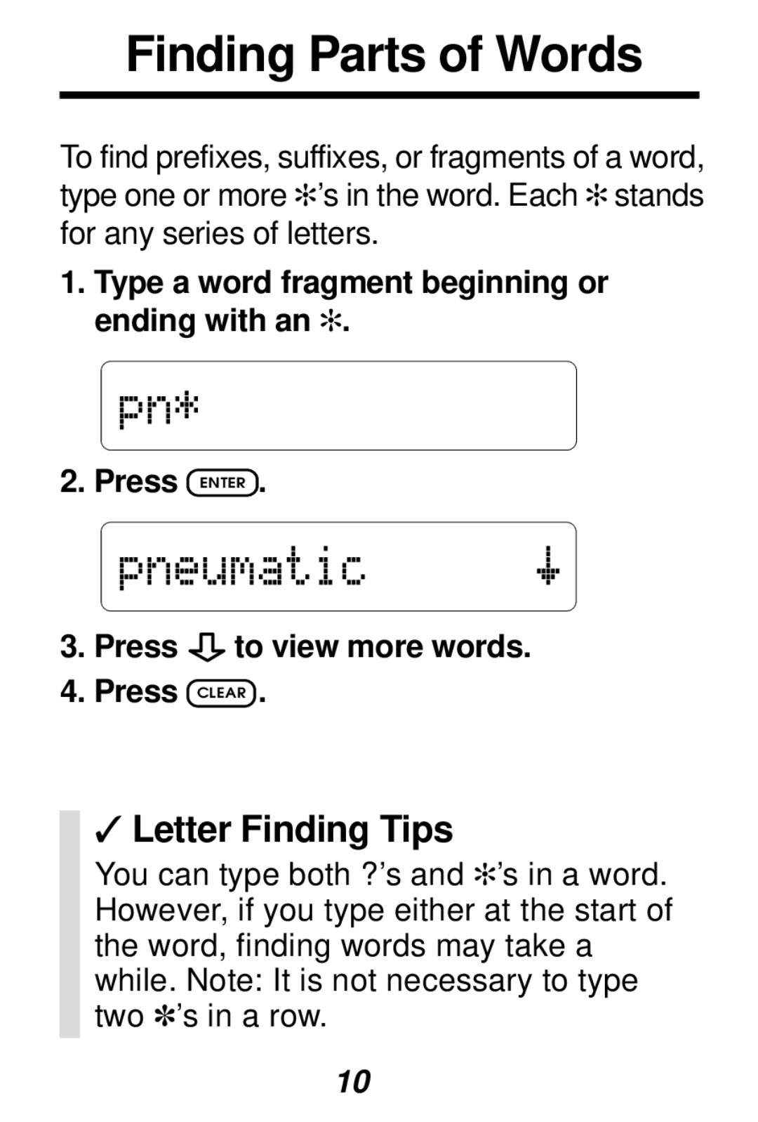 Franklin SYT-106 manual Finding Parts of Words, Letter Finding Tips 