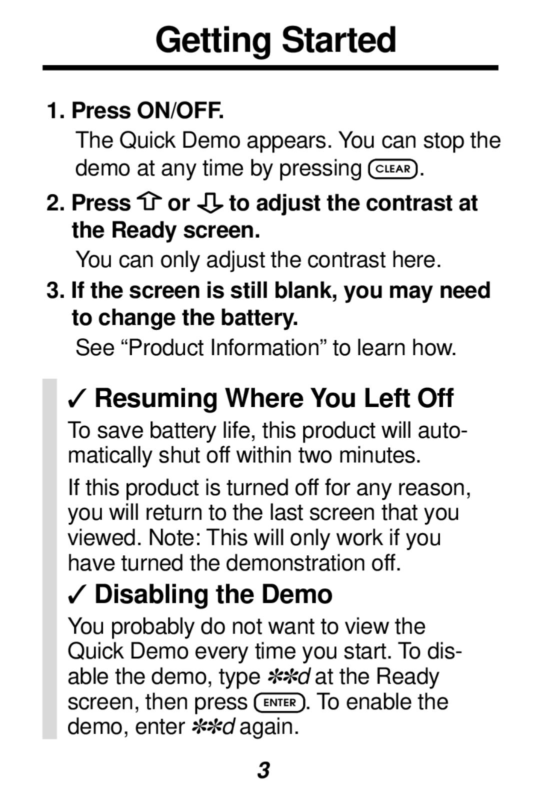 Franklin SYT-106 manual Getting Started, Resuming Where You Left Off, Disabling the Demo 