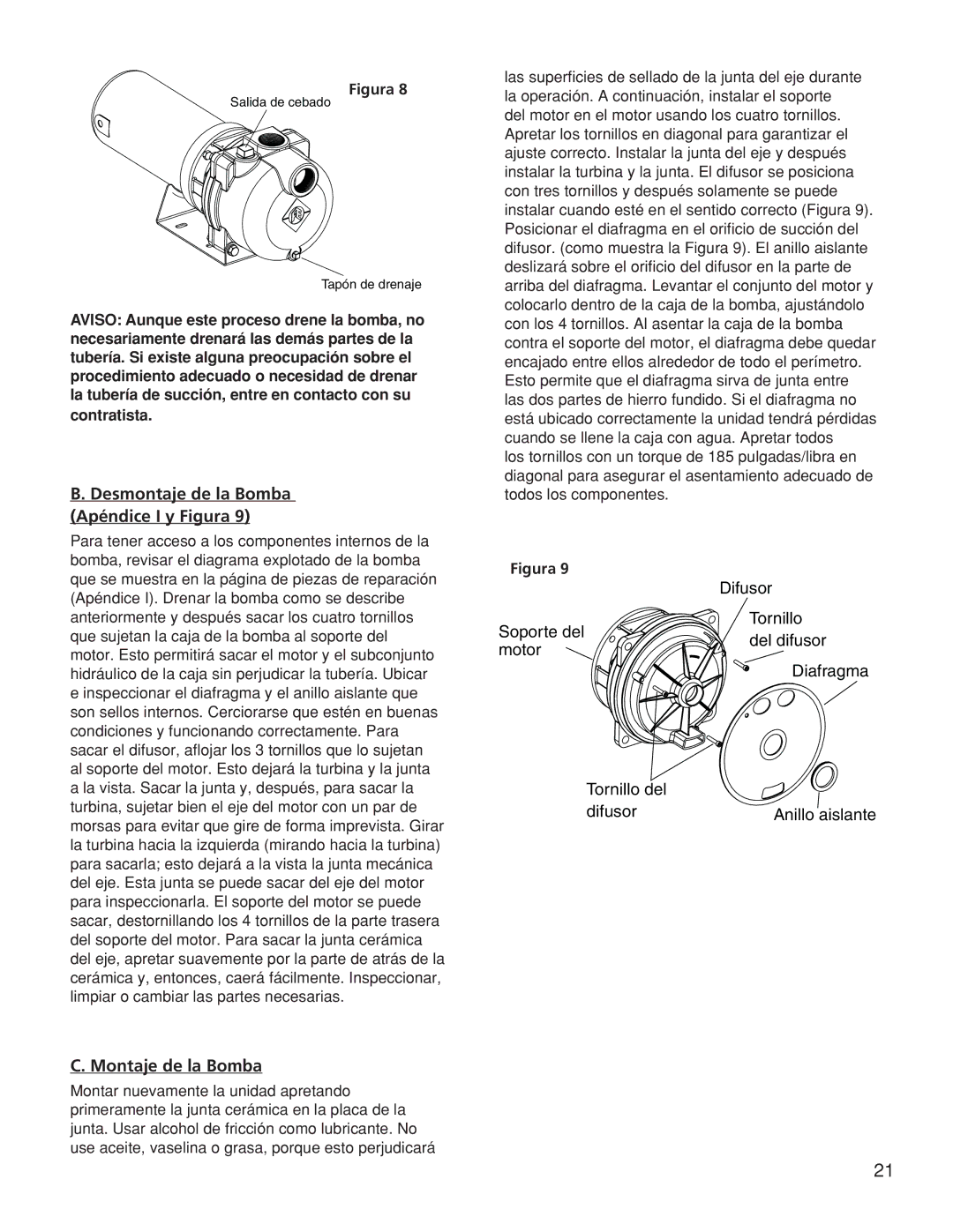 Franklin TB2CI, TB1CI, TB15CI owner manual Desmontaje de la Bomba Apéndice I y Figura, Montaje de la Bomba 