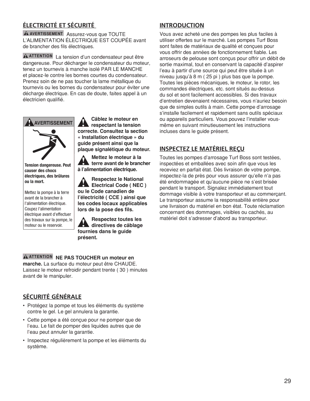 Franklin TB15CI, TB1CI, TB2CI owner manual Électricité ET Sécurité, Inspectez LE Matériel Reçu, Sécurité Générale, 2433%-%.4 