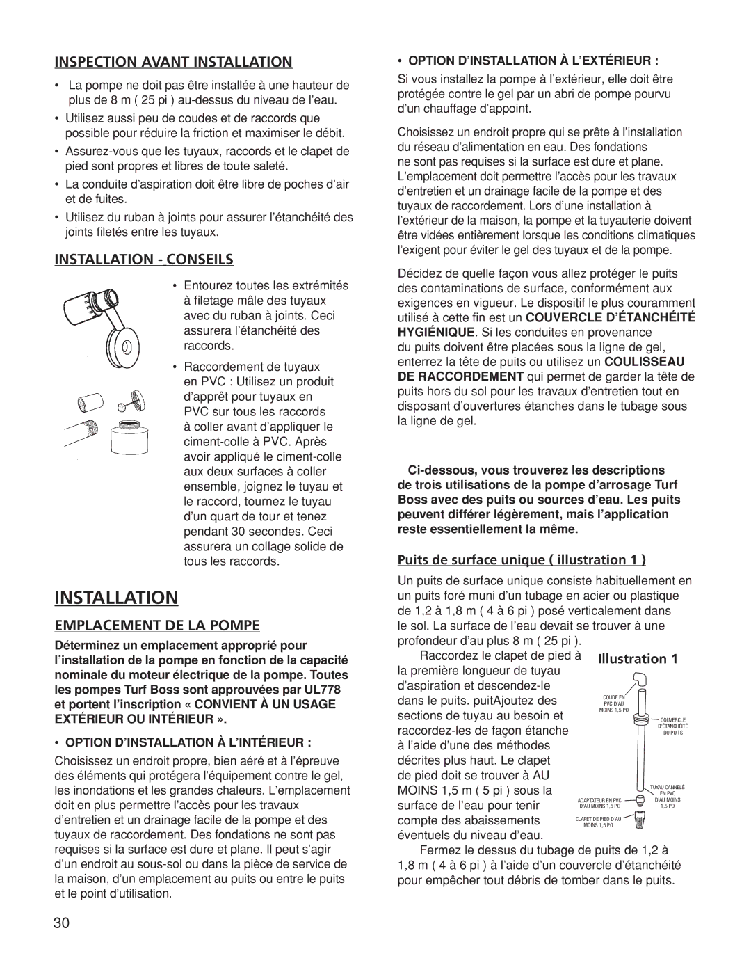 Franklin TB2CI, TB1CI, TB15CI owner manual Inspection Avant Installation, Installation Conseils, Emplacement DE LA Pompe 